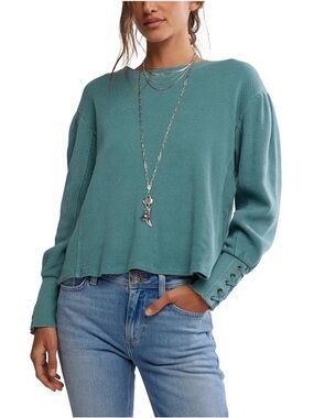 Free People We The Free Lapis Cuff Waffle Knit Sweatshirt in Teal Green